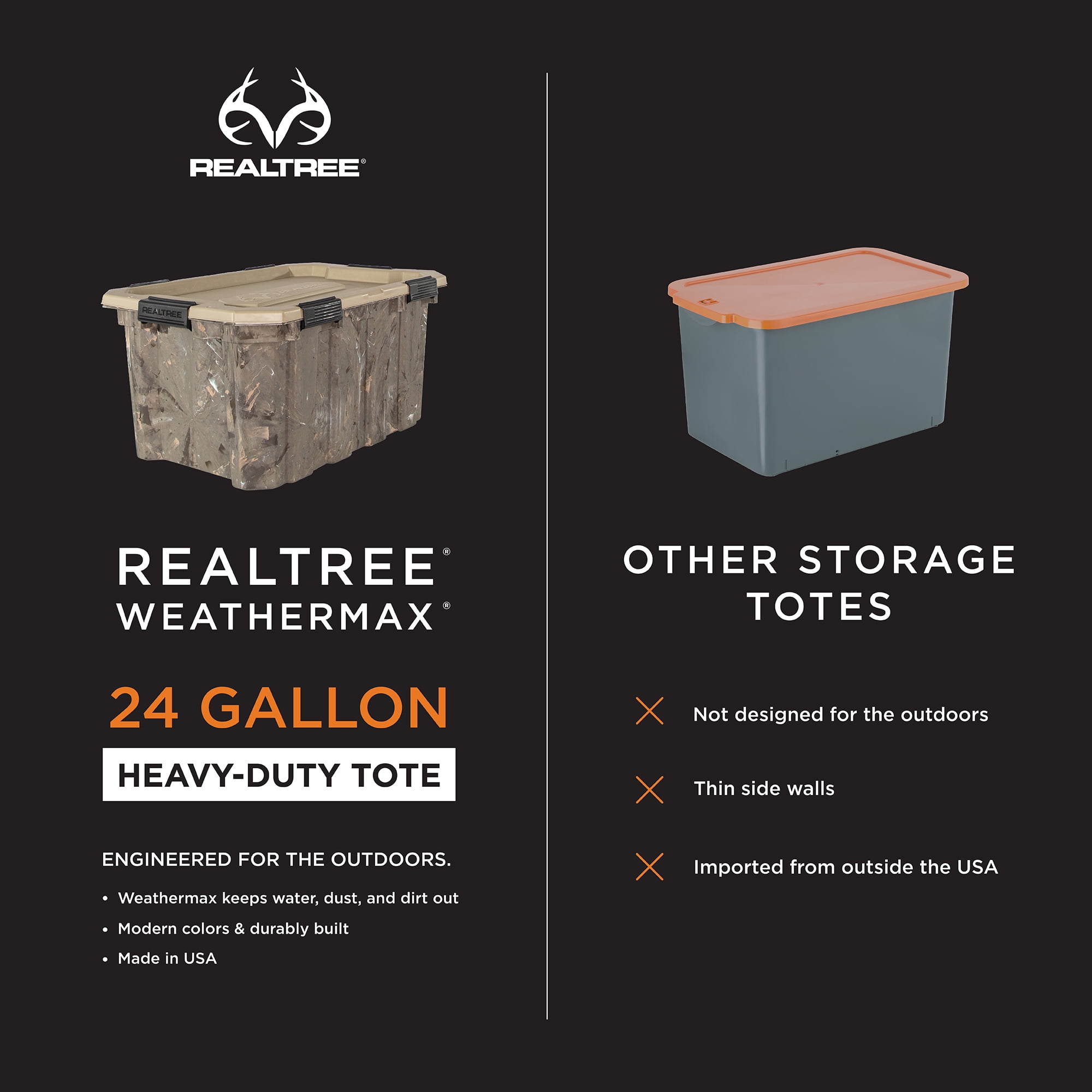 Realtree WEATHERMAX 24 Gallon Marbled and Tan Storage Tote with Latching Lid, Plastic Storage Bin, Pack of 2