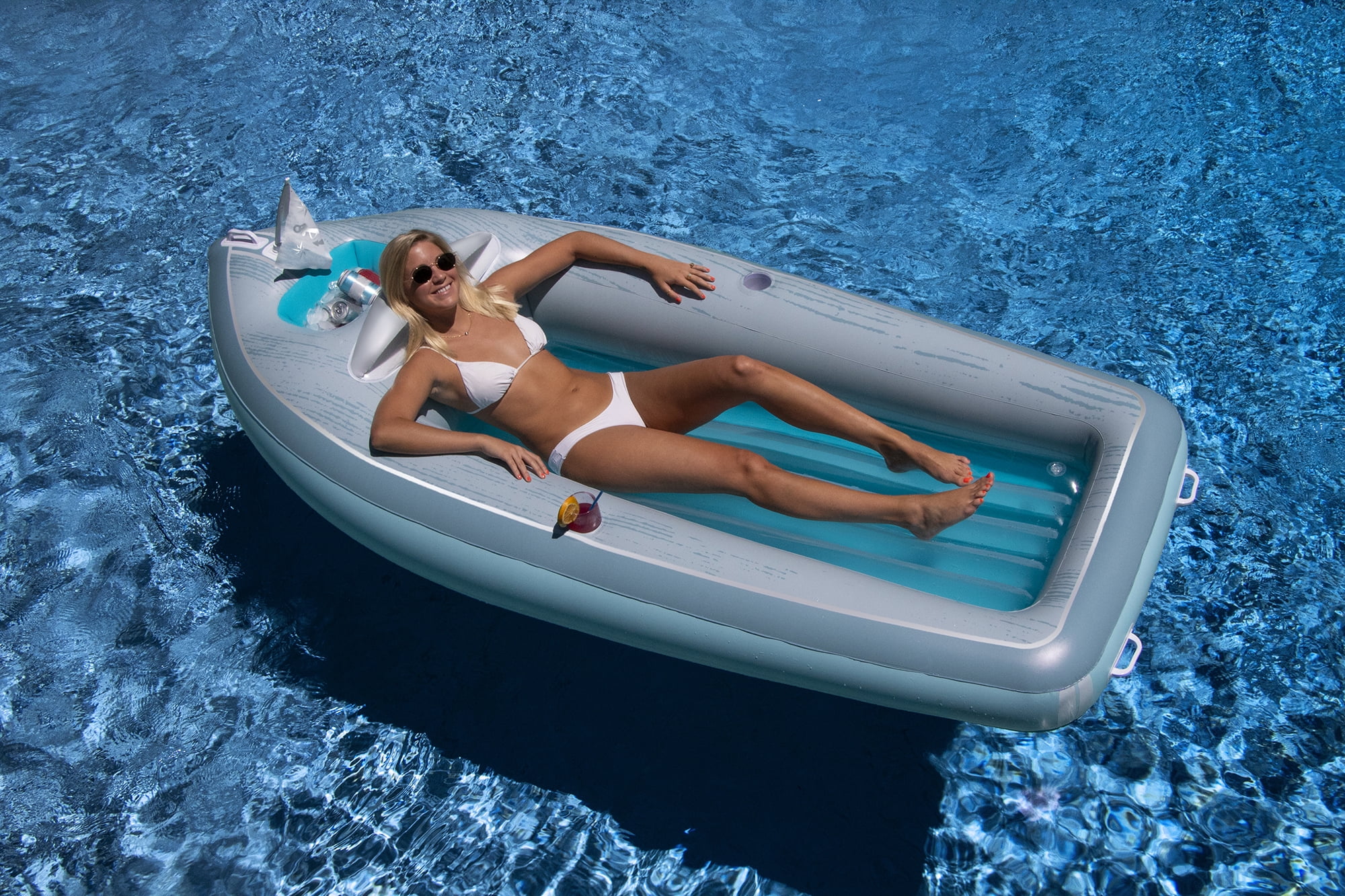 105-Inch Inflatable Gray and Blue Classic Boat Cruiser with Cooler Pool Float