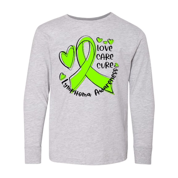 Inktastic Love, Care, Cure Lymphoma Awareness Lime Green Ribbon Hearts Long Sleeve Youth T-Shirt