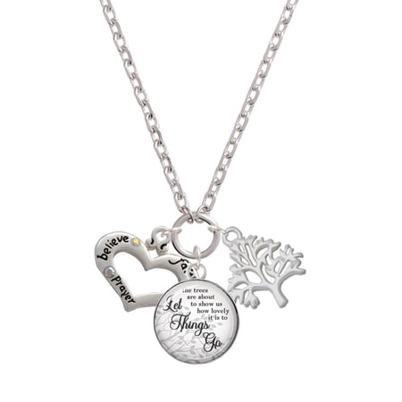 Delight Jewelry Silvertone Heart with 3 AB Crystals - Believe Faith Prayer Let Things Go Fall Zoey Charm Necklace, 28"