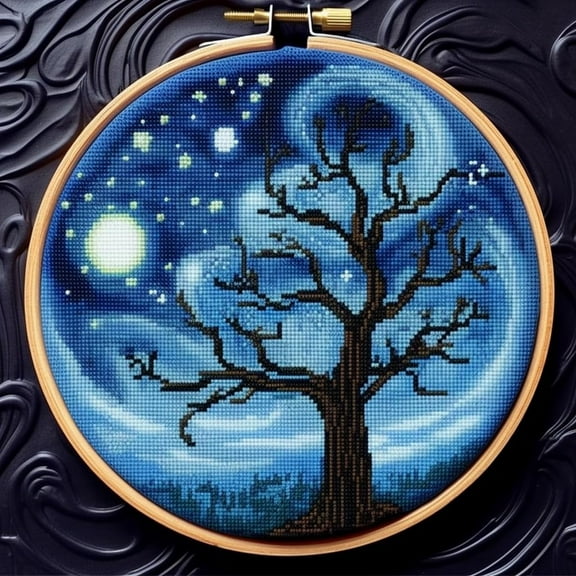 Starry Night Tree Stamped Cross Stitch Kits for Beginners Easy with Hoop 11CT Needlepoint Embroidery DIY Counted Cross Stitch Kits Art Craft Wall Decoration 35x35cm(2)