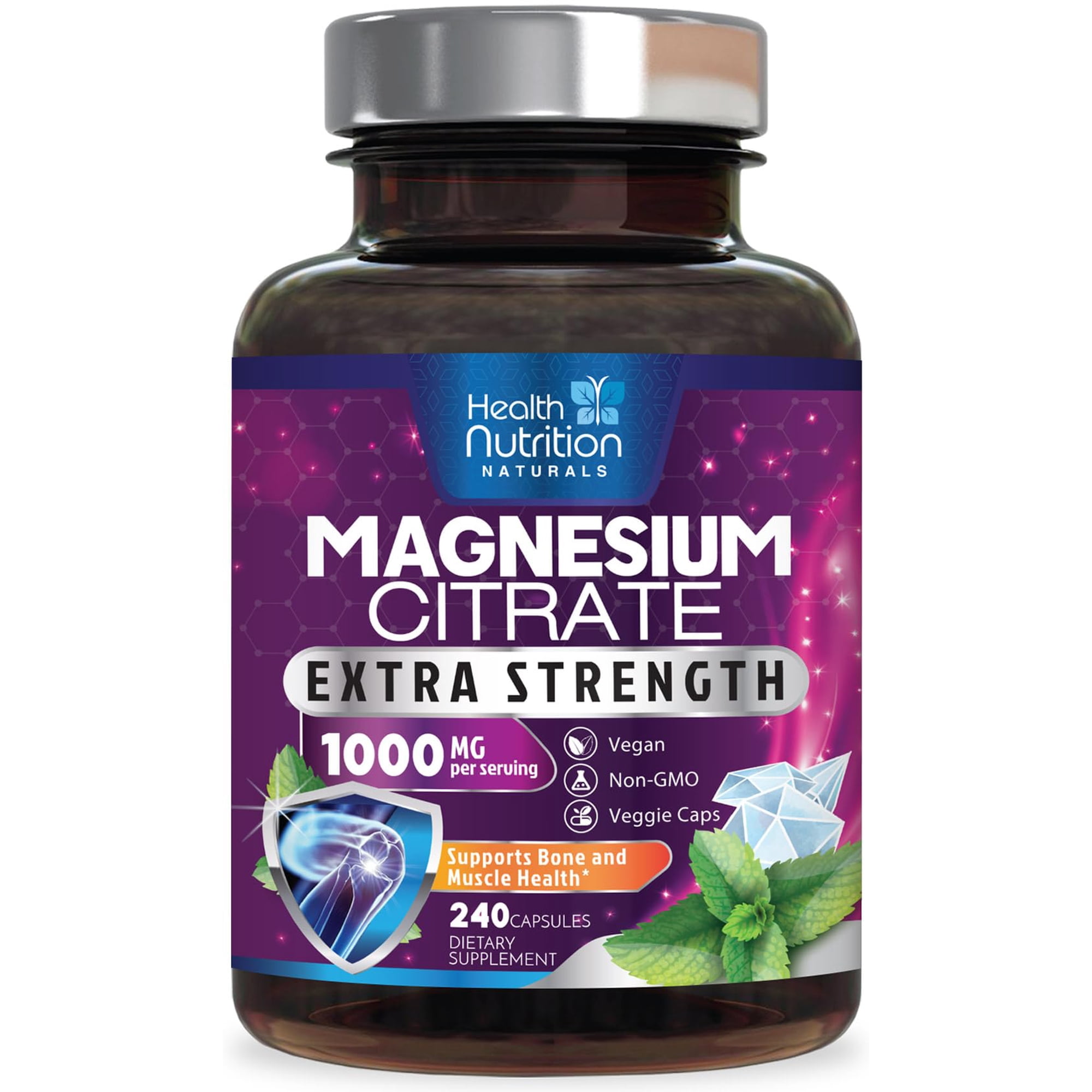 Magnesium Citrate 1000mg - Max Absorption Magnesium Powder Capsules for Muscle, Nerve, and Heart Health Support - High Absorption Citrate Complex for Men & Women, Vegan, Bottled in USA - 240 Capsules