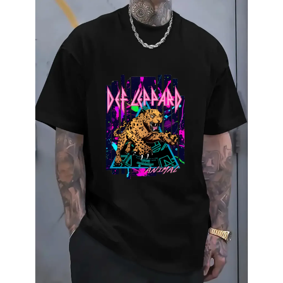 Retro - Washed T - Shirt Featuring a High - energy "DeF LePPaRD" Motif and Dynamic Leopard artwork