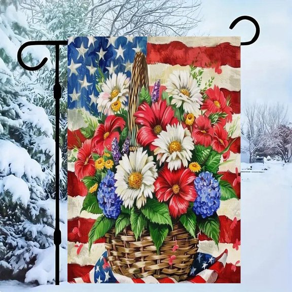 RKSupls Patriotic Linen Double Sided Garden Flag, Independence Day Themed Yard Decor, Basket Bouquet Daisies Flag Outdoor Banner for Holiday Lawn