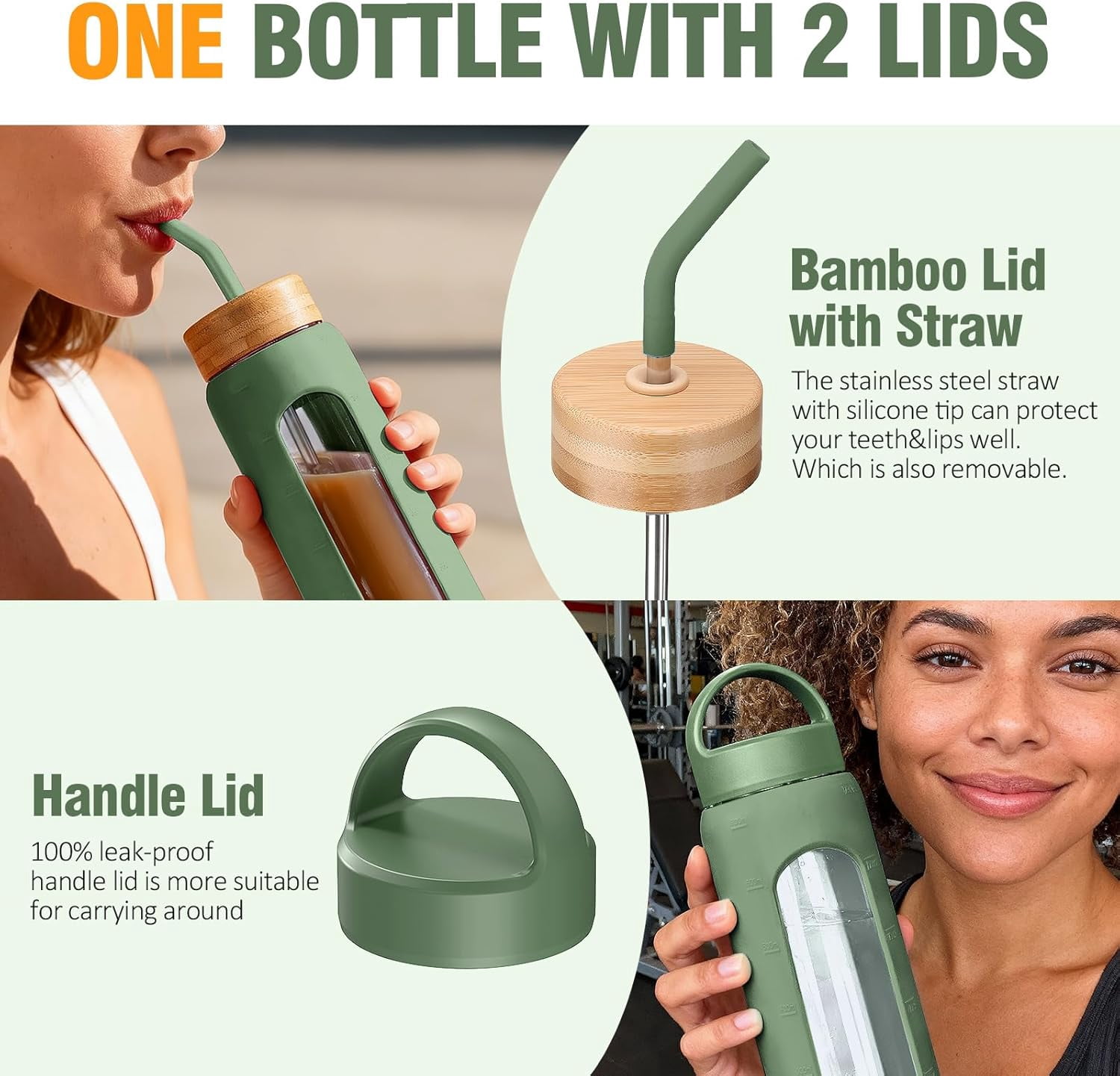 MUKOKO Glass Water Bottle, 32oz Sports Drinking Tumbler with Silicone Sleeve and Straw, 1 Cup 2 Lids, Olive