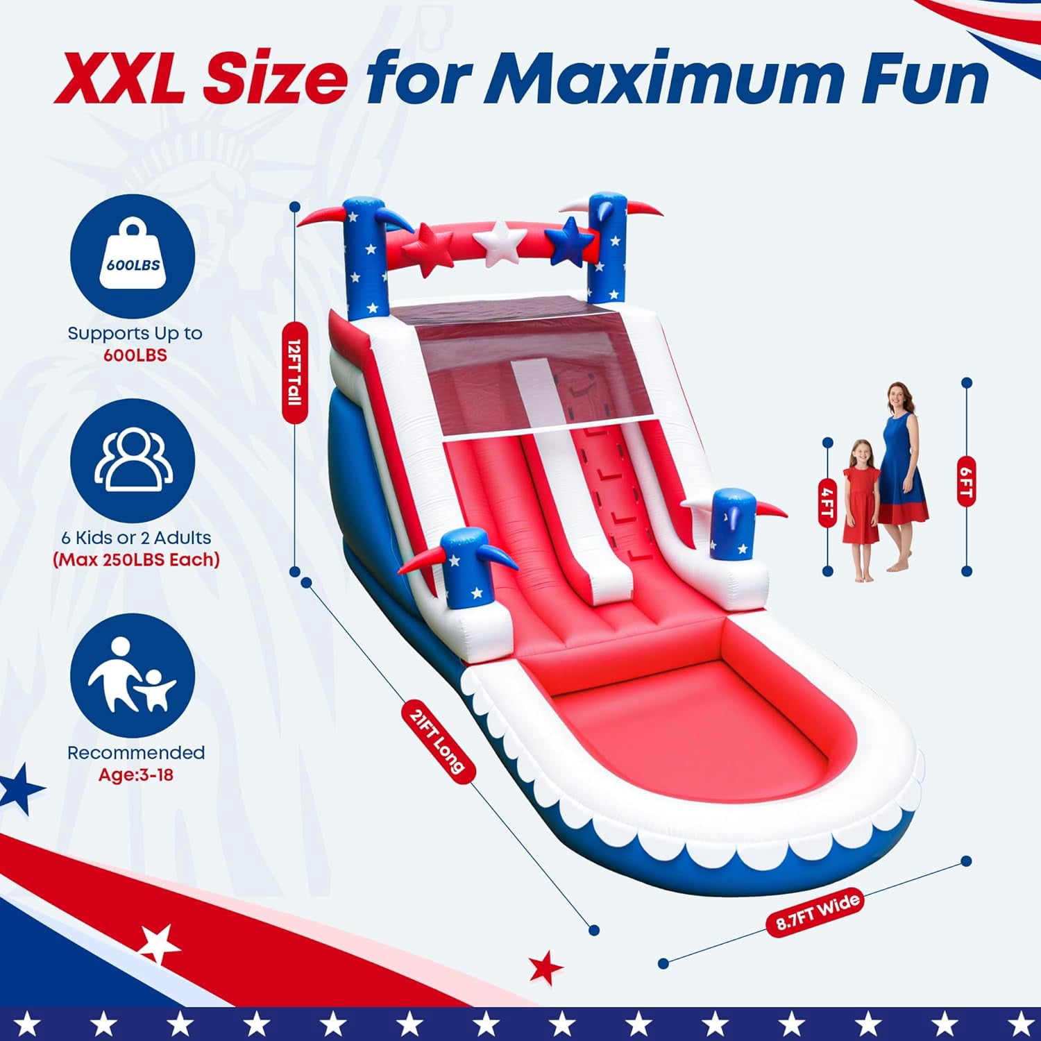 COCOFISH 21ft Outdoor Inflatable Water Slide with Blower, USA Flag Design with Splash Pool for Kids & Adults, Heavy-Duty PVC