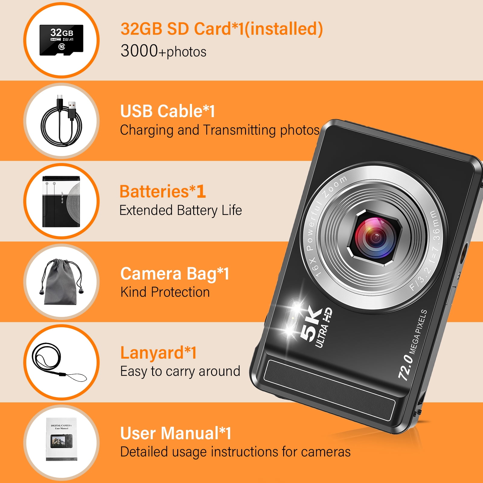 MARVUE Digital Camera 5K UHD 72MP Vlogging Camera, Autofocus
