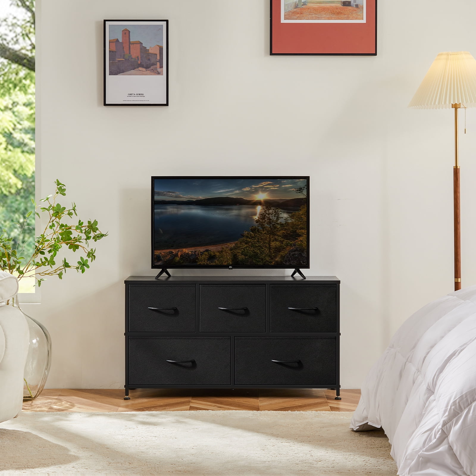 CONCETTA Dresser 5 Fabric Storage Drawer Dresser, TV Stand, Chest of Drawers for Bedroom, Closet, Entryway, Living Room, Black