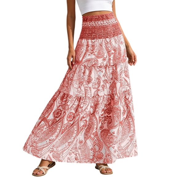 Arlun Summer Bohemian Style Long Skirts for Women Stretch High Waist Floral Print Lightweight Flowy Maxi Skirts Elegant a Line Design for Beach Vacation Wear Red XL