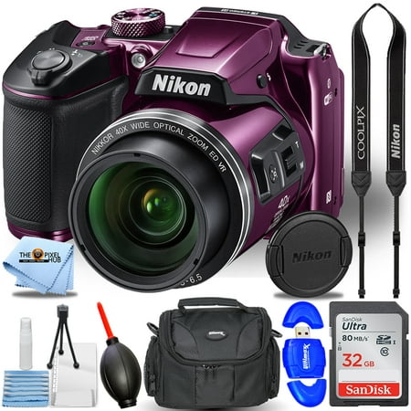 Nikon COOLPIX B500 Digital Camera (Purple) 26507-IV - Essential Bundle with Sandisk Ultra 32GB SD, Memory Card Reader, Gadget Bag, Microfiber Cloth, Blower & Cleaning Kit
