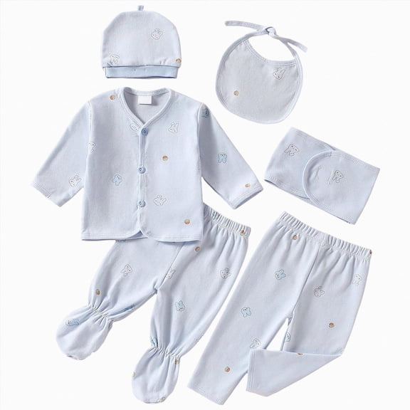 CAUYDY Newborn Clothes Baby Boy Girl Layette Set Long Sleeve Shirt 2Pants Warm Hat Bib 5-Pieces Infant Shower Gift Preemie Fall Winter Spring Summer Pjs Set (Sizes 0-3 Months,Blue)