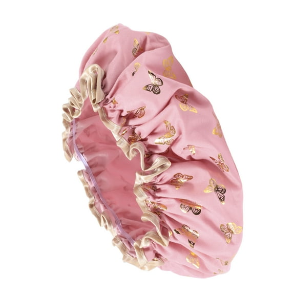 Vocoste 1 Pc Women Double Layer Gilded Butterfly Shower Cap for Bathroom Travel Rose Red Polyester Cotton PEVA