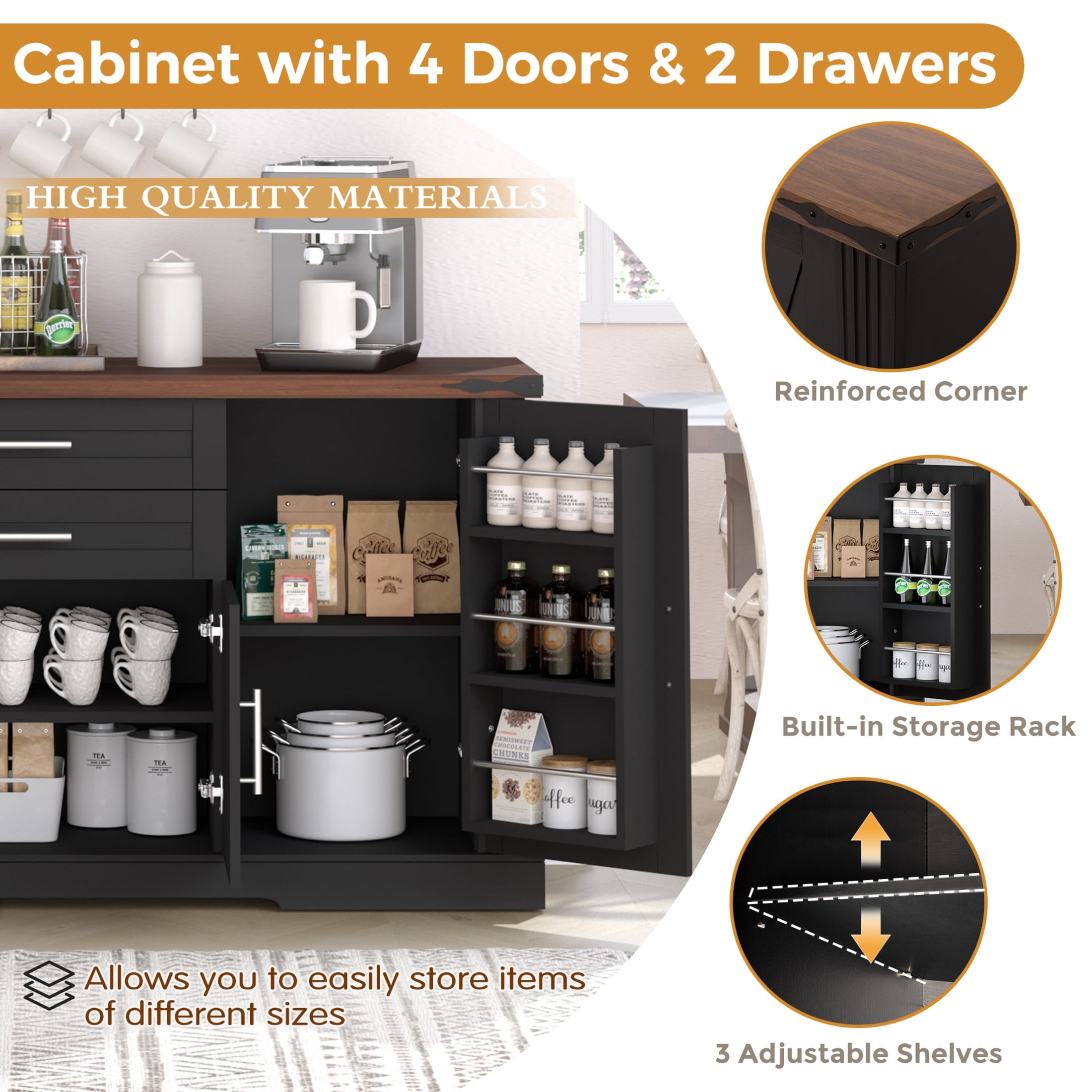 Noble House 63" Farmhouse Buffet Cabinet with 2 Drawers, Adjustable Shelves and Door Racks, Black