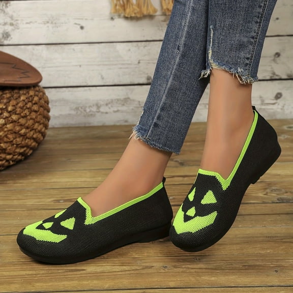 Willtoo Halloween Shoes for Women Pumpkin Ghost Pattern Loafers Soft Knitted Slip on Flats