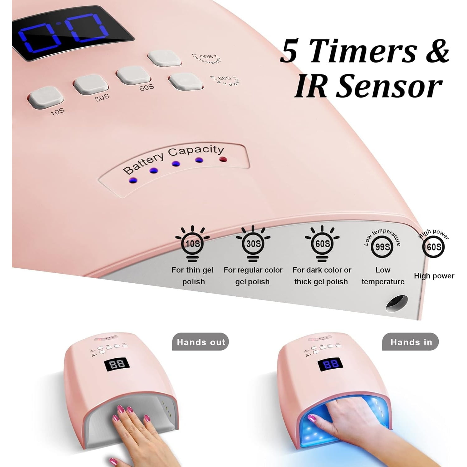 UV LED Nail Lamp, Cordless Gel Polish Dryer for Professional Gel Manicures - Pink