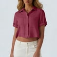 thumbnail image 2 of GUACER Women's Cropped Button Down Shirts Casual Cotton Linen Short Sleeve Tops Summer Collared Blouses for Ladies, 2 of 7