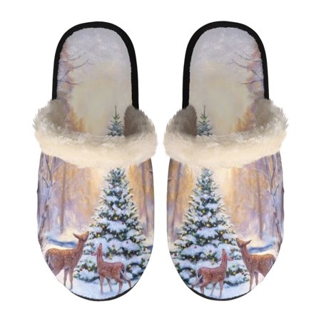 

Renewold Fuzzy Boot Slippers Women Girls Christmas Pine Elks Shoes Soft Cozy Up Fluff Slippers Winter Indoor Bedroom Flat Slides Size L