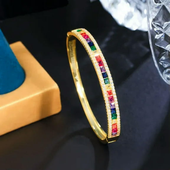 Square Cut CZ Yellow Gold Plated Open Cuff Bangle for Women Multicolor Jewelry