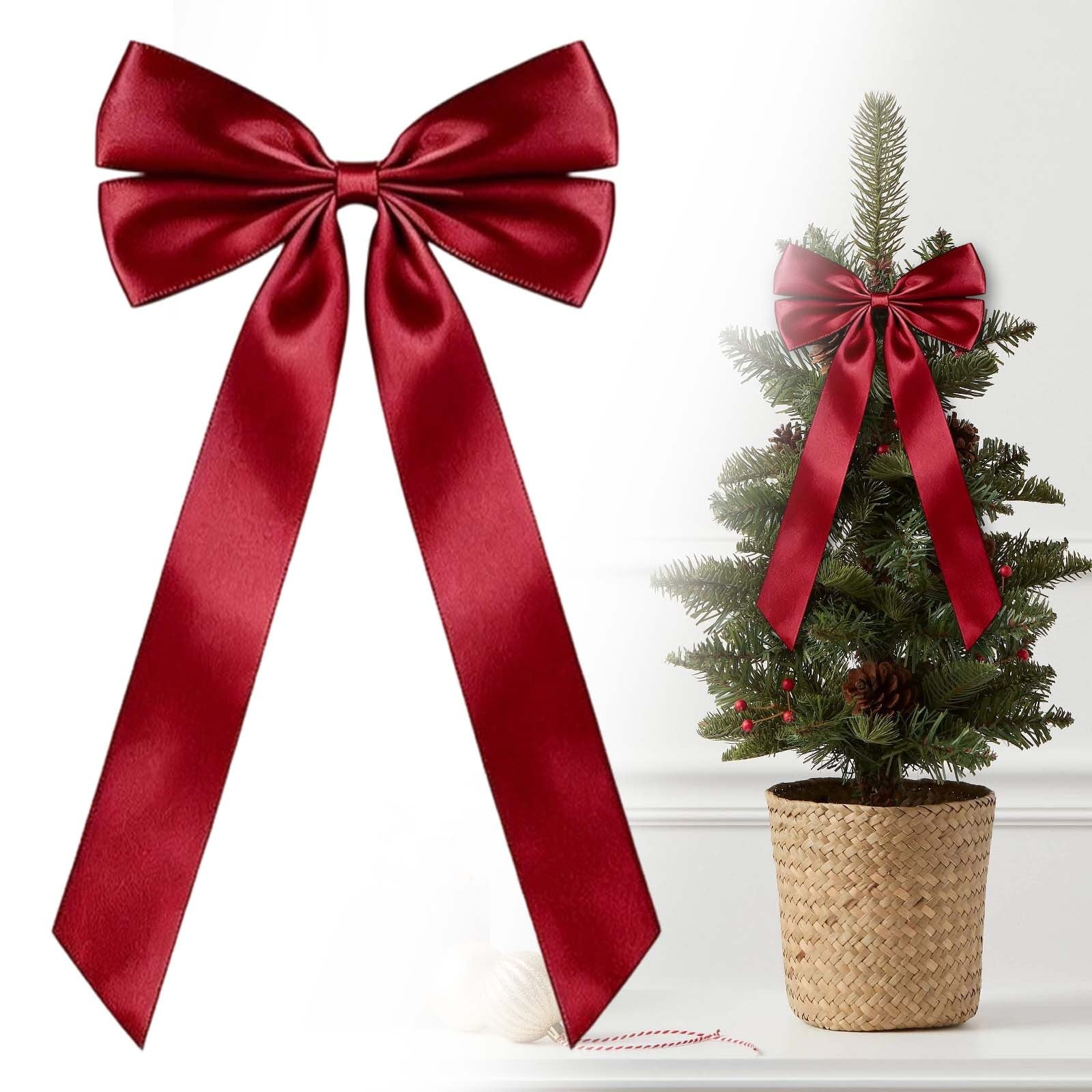 Christmas Decorations Indoor Wine Satin Christmas Bows Pre‑Tied Decorative Bows With 2.5cm Wide Polyester Ribbon Xmas Bow Ornaments for Christmas Tree Wreath Stair Holiday Decoration