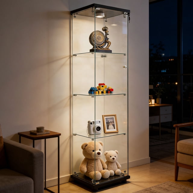 Armoire d'Exposition en Verre Noir - Bibliothèque de Curiosités à 4 Tablettes pour Salon