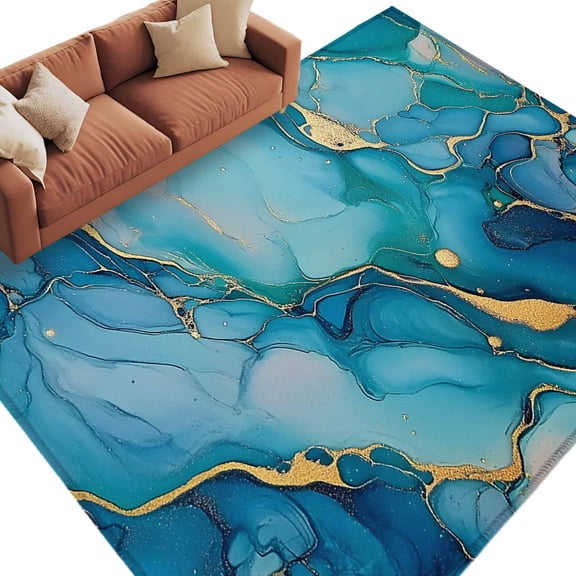 8x10 Area Rugs for Living Room, Modern Turquoise Non Slip Area Rugs for Kitchen Bedroom Entryway, Abstract Teal Gold Marble Textured Washable Carpet Runner Rug Floor Mats for Bedroom Home Decor