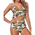 thumbnail image 1 of Women Two Piece Swimsuits High Waisted Ruffle Flounce Bikini V Neck Tummy Control Bathing Suit Green Leaves (L, 1 of 6