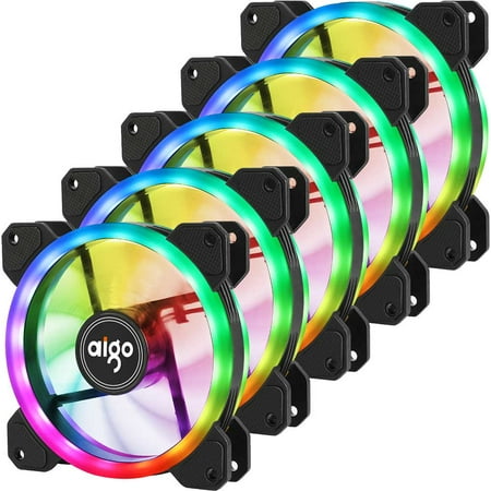 Aigo DR12 5 Pack Wireless 120mm RGB LED PC Fan, Dual Light Loop Quite Edition High Airflow Adjustable Color LED Case Fans with Remote Control for Gaming PC Cases CPU