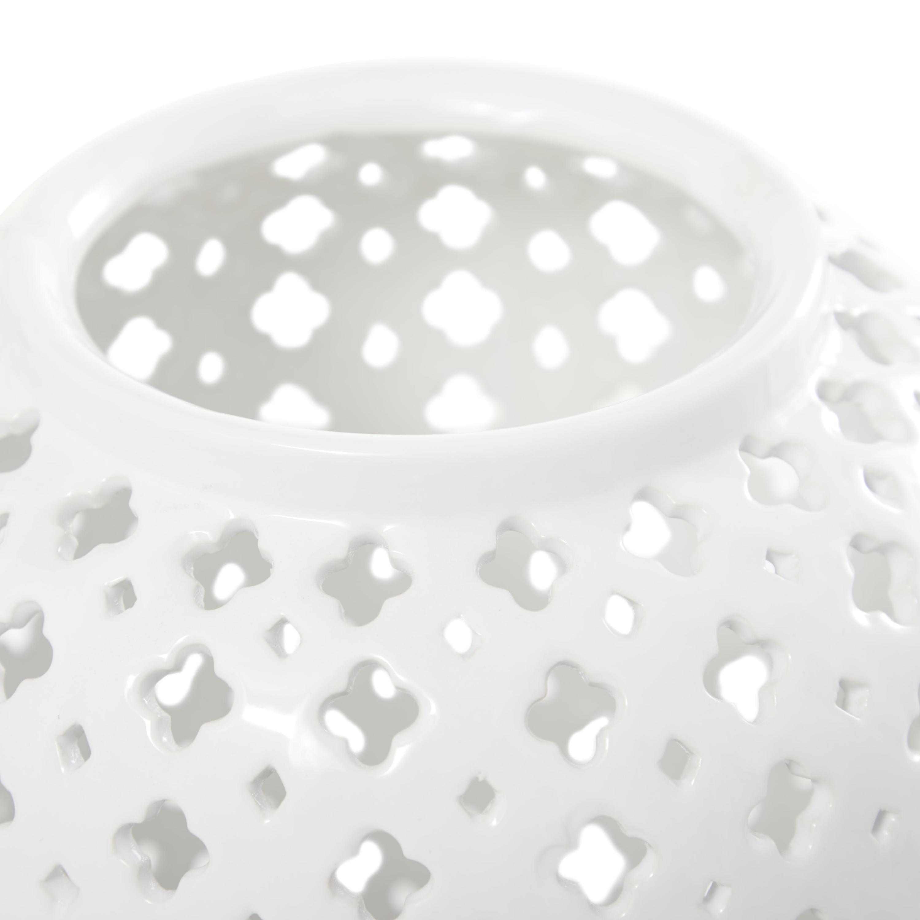 DecMode 9" x 18" White Ceramic Decorative Jars with Geometric Cutout Design and Lid, 1-Piece