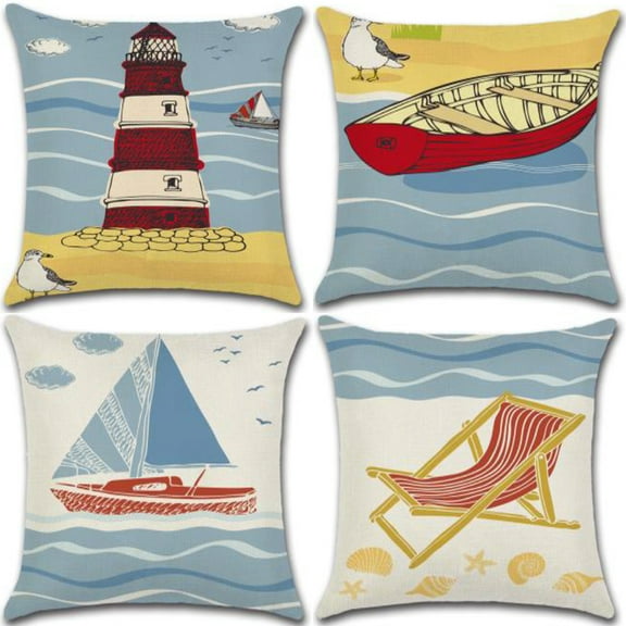 Lighthouse & Sailboat Coastal Sailing Cotton Linen Fabric Decorative Indoor / Outdoor Throw Pillow Cover Set 18x18