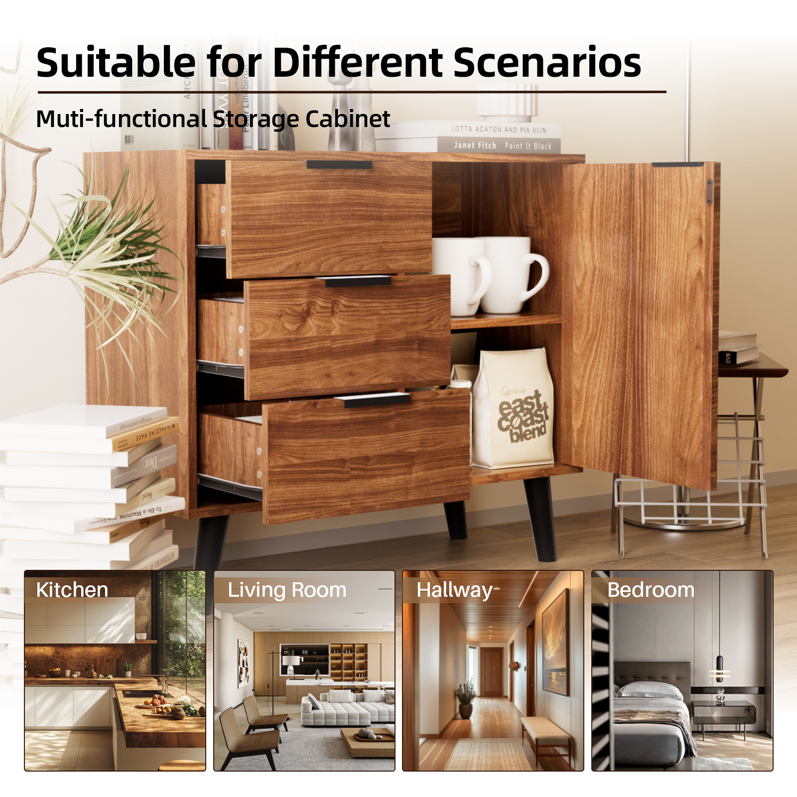 Msutree Buffet Sideboard Cabinet with Storage, Mid-Century Storage Cabinet with 3 Drawers and 1 Door, Kitchen Pantry Cabinet, Freestanding Accent Storage Cabinet for Living Room, Entryway