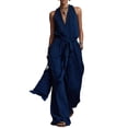thumbnail image 3 of Linen Jumpsuits for Women, Halter V Neck Tie Waist Wide Leg One Piece Outfit for Casual Summer Wear, 3 of 5