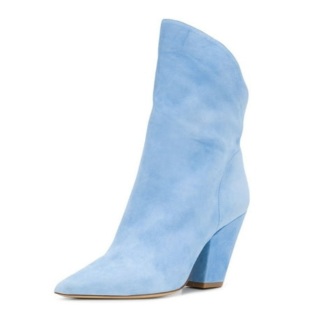 XYD Women Pointed Toe Pull On Ankle Boots Chunky Stacked Heel Short Bootie Winter Warm Party Casual Shoes Size 14.5 Blue