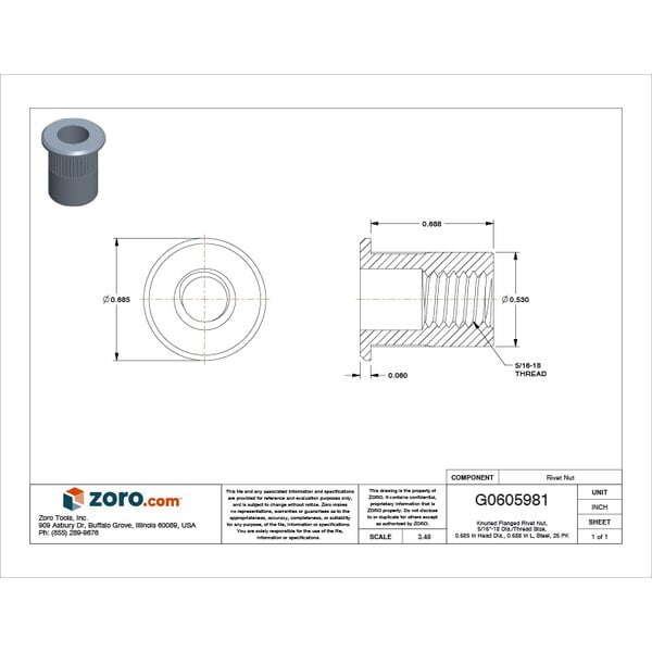 1 PK ZoroSelect Rivet Nut, 5/16"-18 Thread Size, 0.685 in Flange Dia., 0.688 in L, Steel, 25 PK