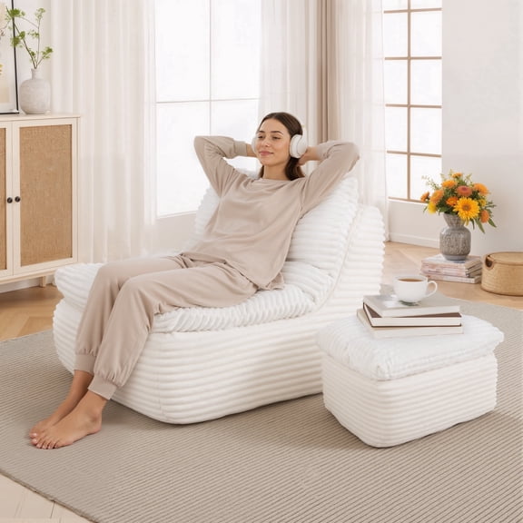 EOP Big Bean Bag Lounger Chair, Chaise Lounge Chair Indoor, Comfy Upholstered Sleeper Sofa Bed with Compressed Memory Foam, No Assembly Required, Beige