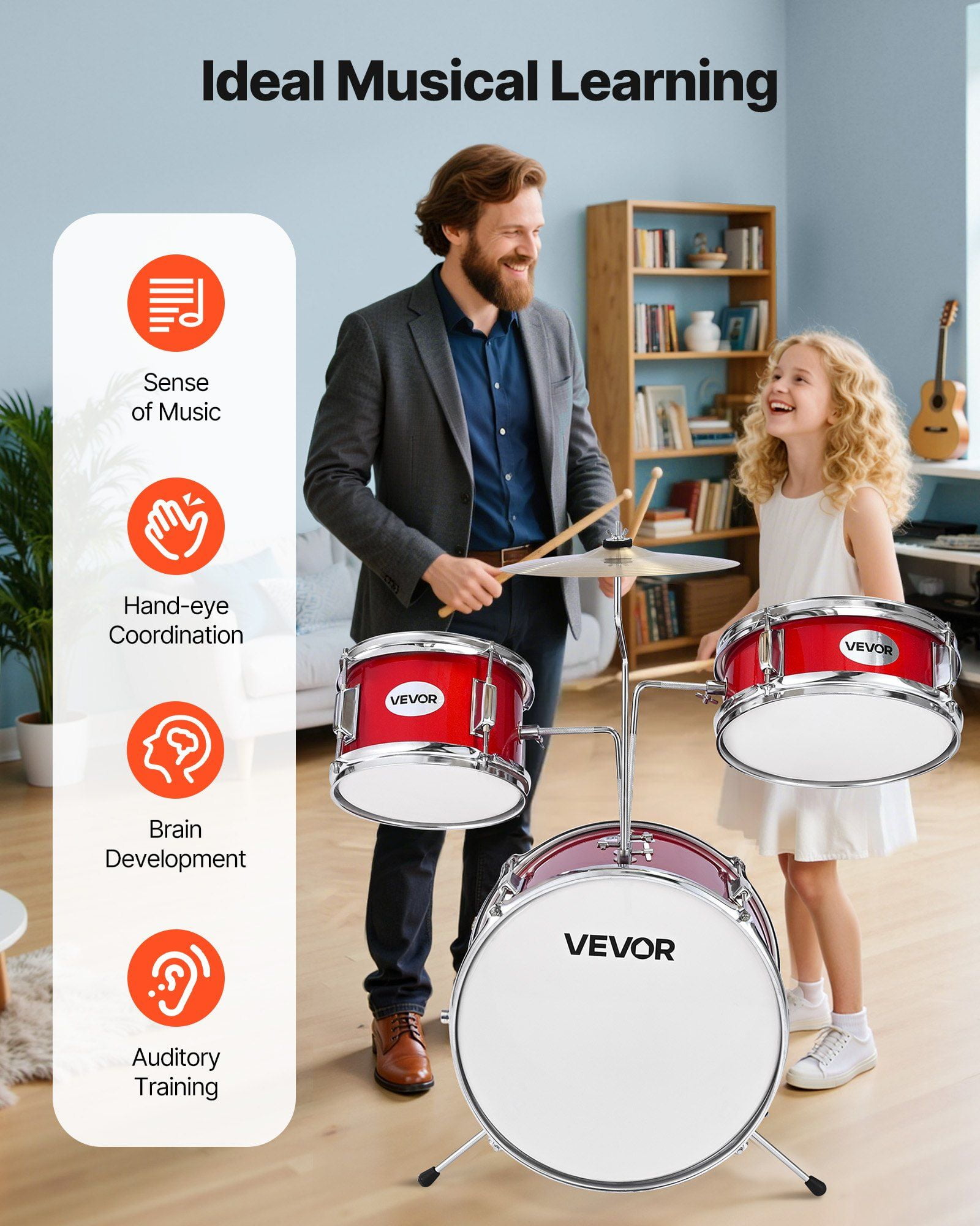 Kids Drum Set 3-Piece Junior Musical Drum Kit with 14 in Bass Drum (Red)