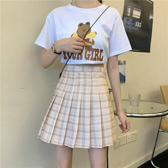 Idoravan Women's Basic Versatile Skirt Clearance Fashion Women Plaid Pleated A-Line Skirt Anti-Burnout High Waist Short Skirt