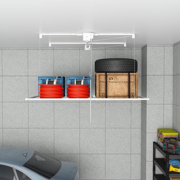 3x6 FT Overhead Garage Storage Rack 270LB Capacity, Steel Crank-Down Lift System with Safety Lock for High Ceilings 10-12 FT, White