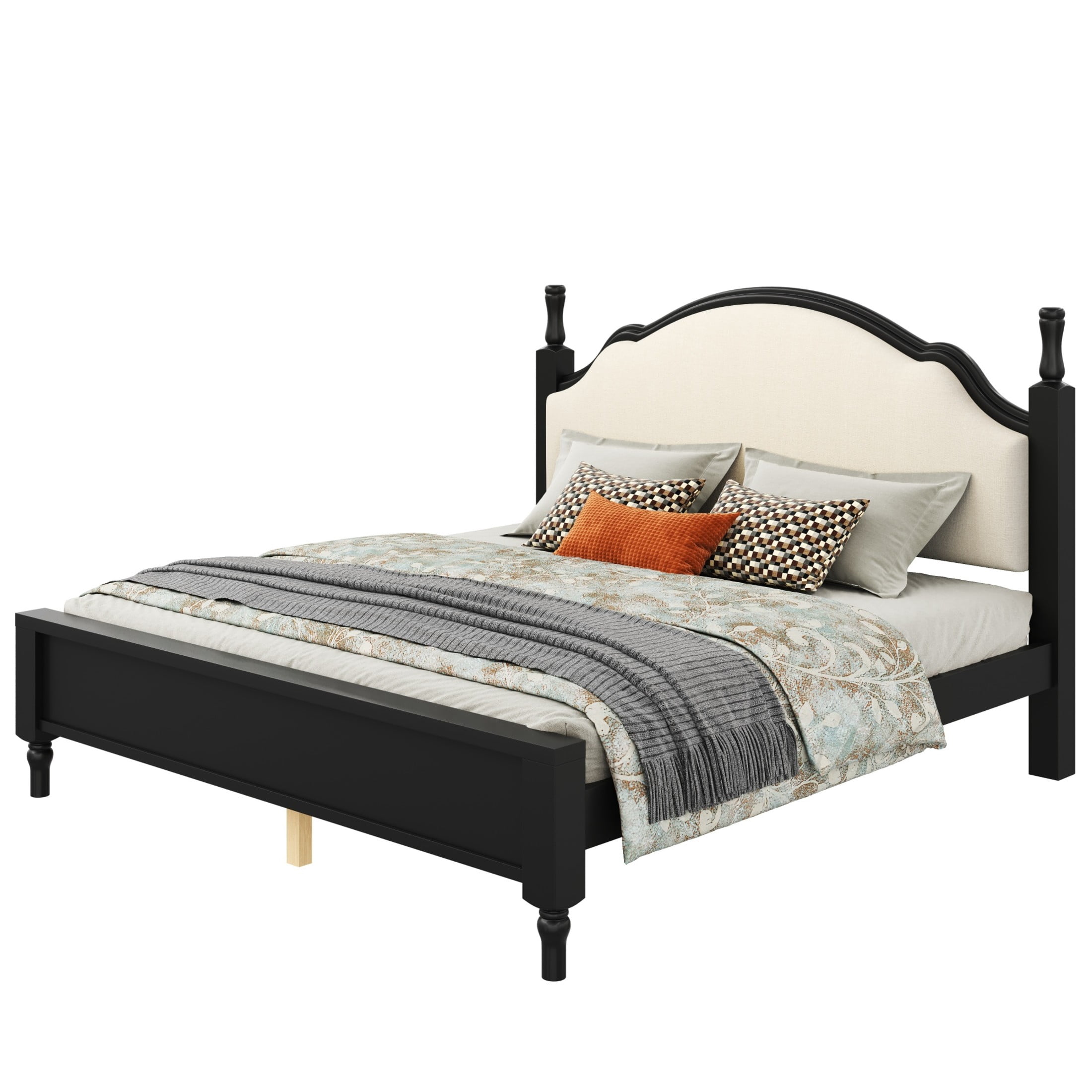 Noble House Caldon King Size Platform Bed, Pine Wood Frame with Curved Upholstered Headboard, Beige and Black