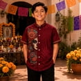 thumbnail image 2 of Boys Short Sleeve Button Down Shirt Day Of Dead Mexican Print Collar Casual Top For Halloween School Outdoor, 2 of 5