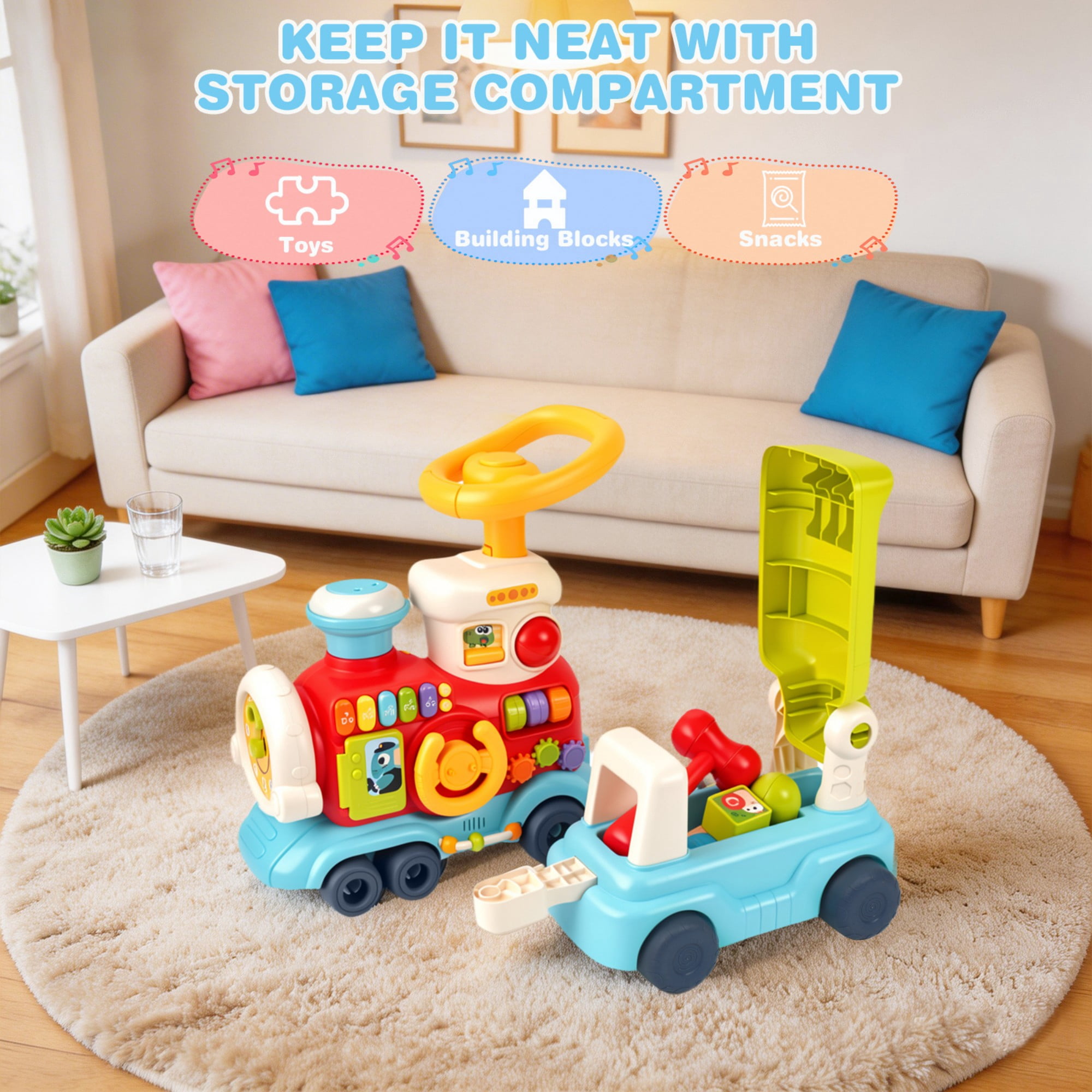 FVLOENG Baby Push Walkers Activity Table Center  4 in 1 Push Pull Sit and Ride Train Toys, Music Panel for 12 Months+ Early Educational Gift Infant Boys Girls