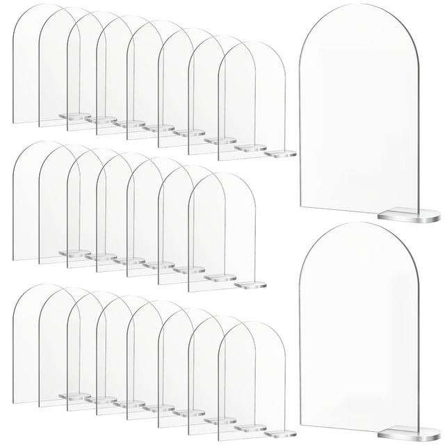 Letrero de Arco Acrílico Transparente, 25 Packs de Letreros Acrílicos en Blanco con Soporte, Letrero de Recepción DIY para Números de Mesa, Bodas, Fiestas, Eventos, Restaurantes