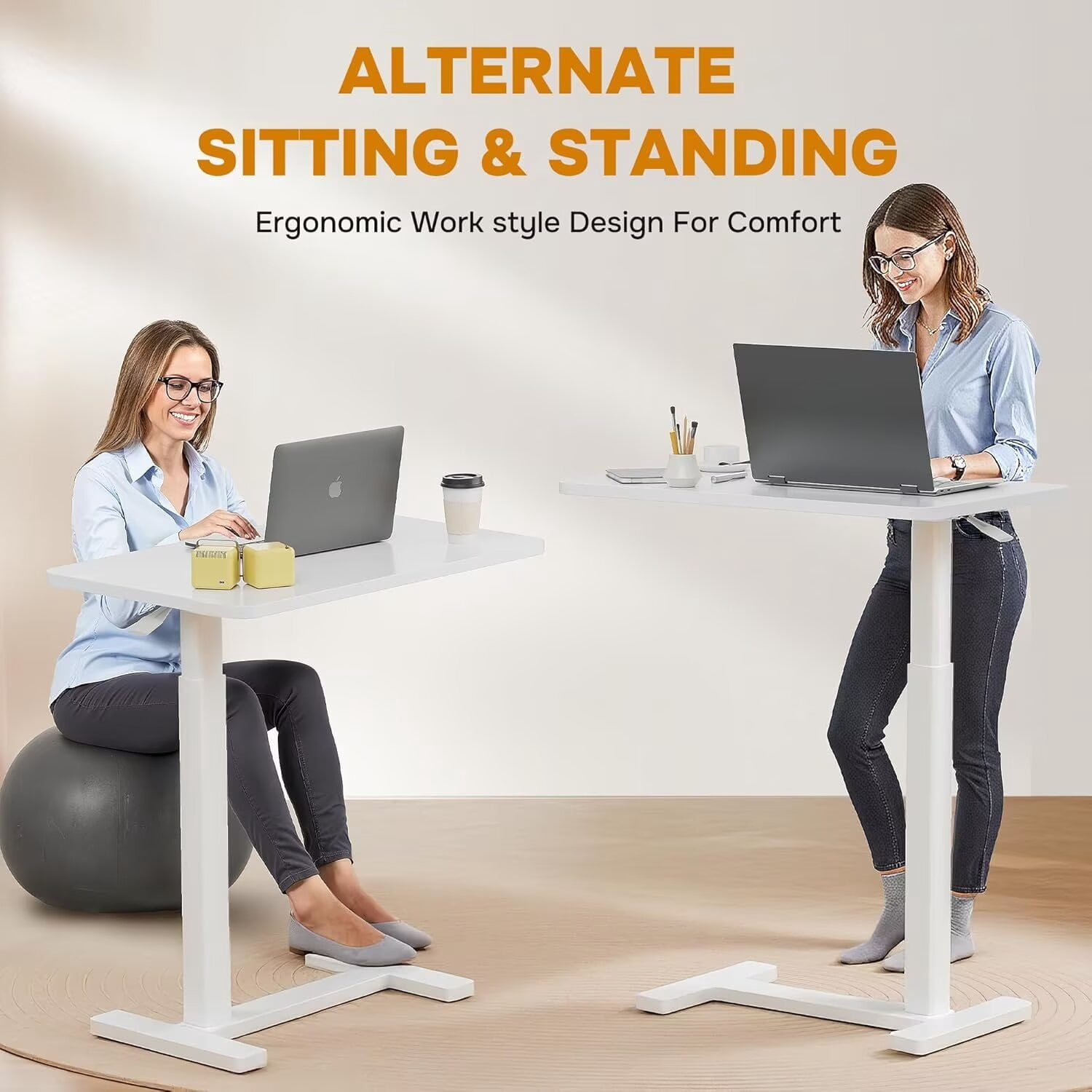 Simple Deluxe Overbed Bedside Table with Hidden Casters, Adjustable Pneumatic Mobile Laptop Computer Standing Desk, Rolling Laptop Table, Movable Overbed Table Hospital Home Use, White