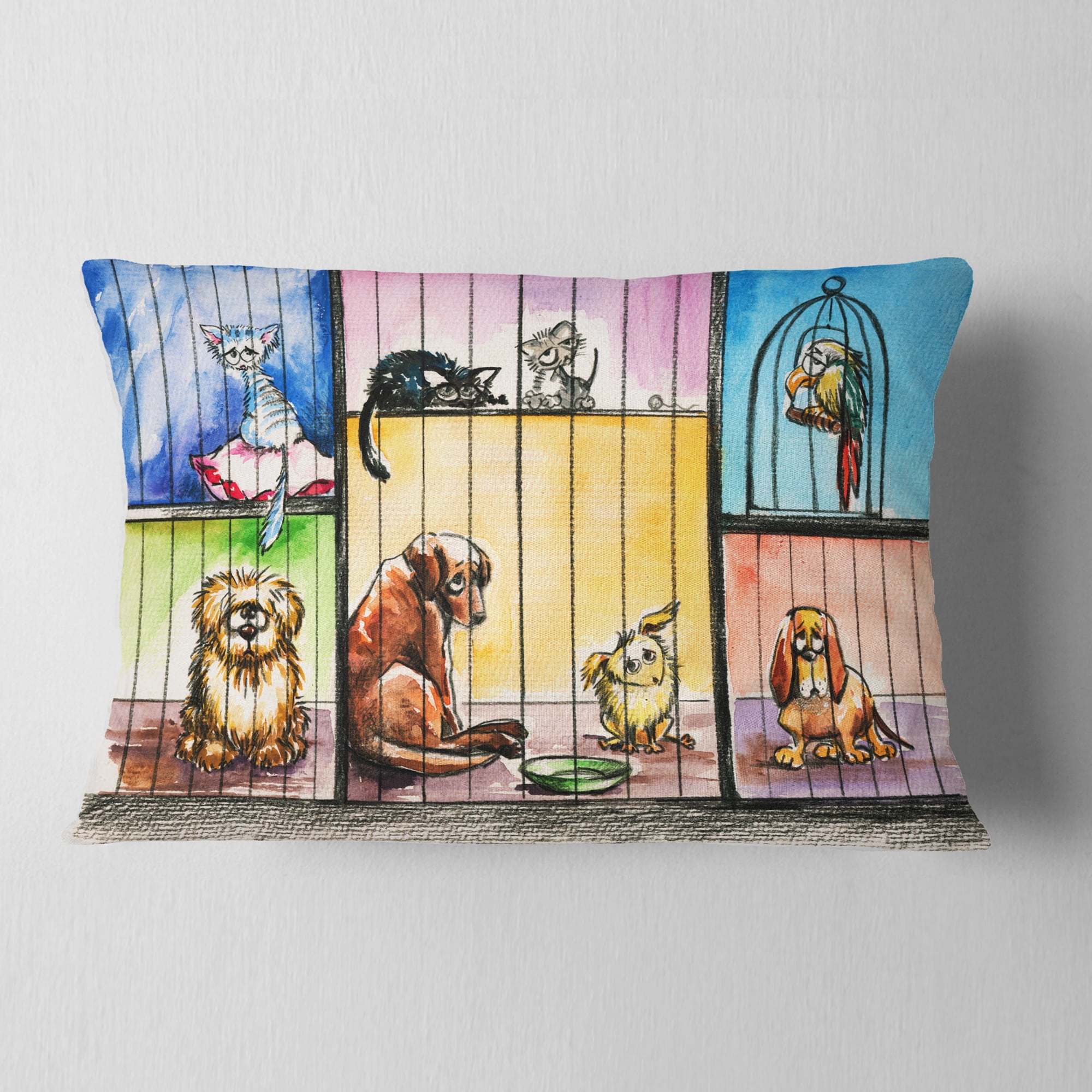 Designart Sad Animals in the Pound - Abstract Throw Pillow - 12x20