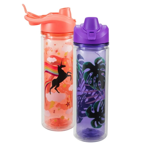 COOL GEAR 2-Pack 20 oz Essence Chugger Water Bottle with Wide Mouth & Flip Cap Design - Stay Wild/Fierce