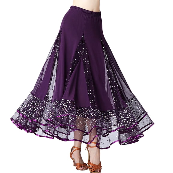 Shadoumai Elegant Glitter Sequin Dance Skirt With Flared Hem And Mesh Layer For Ballroom Modern Performance Long Skirt