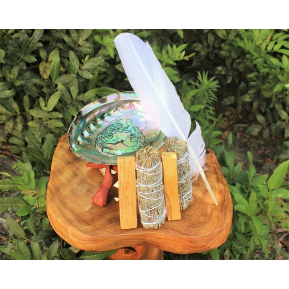 Smudge Kit: Large Abalone Shell Stand 2 x Palo Santo 2 x Blue Sage   Feather