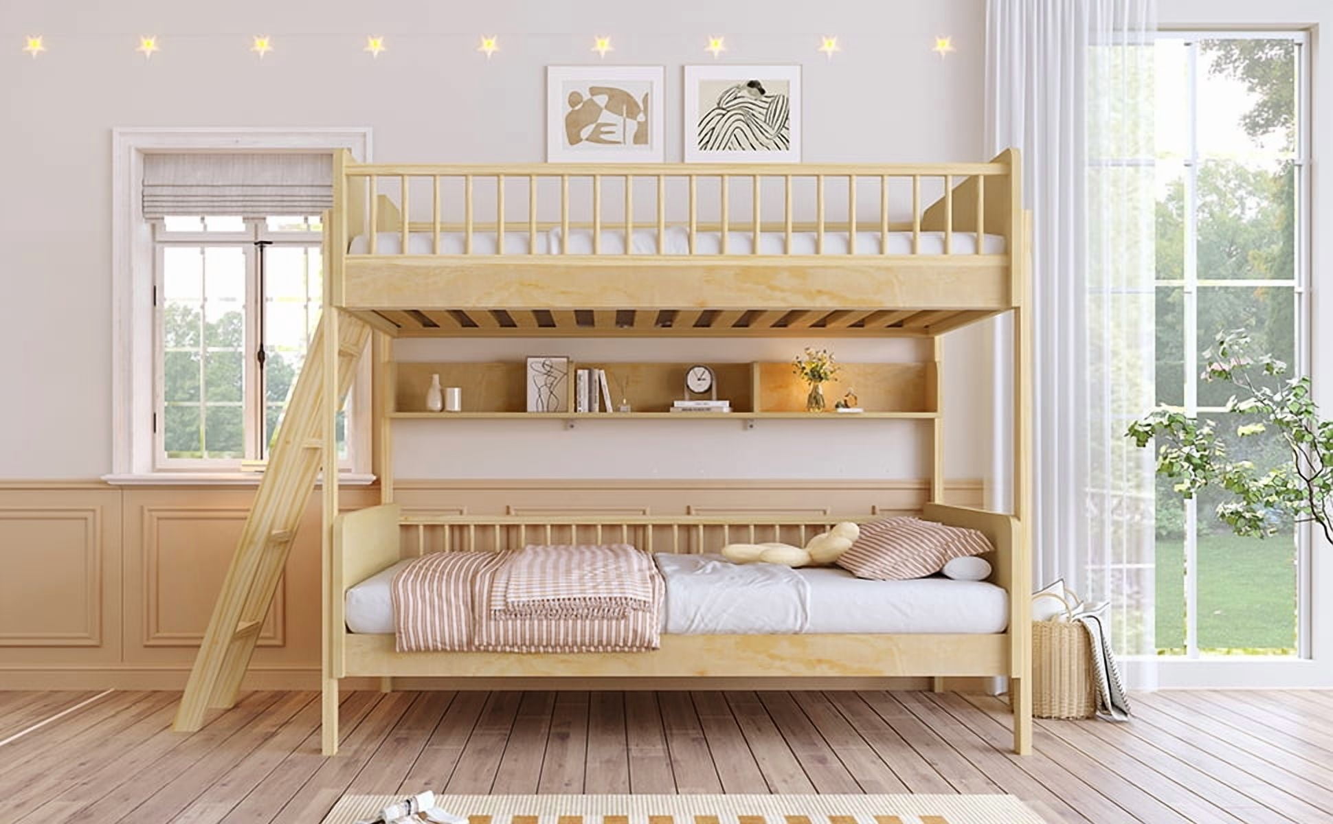 Yoneston Twin Over Twin Size Bunk Bed with 3 Storage Shelves, Wooden Platform Bed Frame with Safety Guardrails & Adjustable Ladder for Kids Teens Bedroom Dorm, Natural
