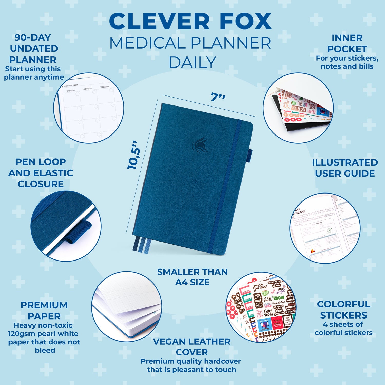 Clever Fox Medical Planner Daily - Medical Notebook, Health Diary, Wellness Journal & Logbook to Track Health - Self-Care Medical Journal - 3 Months, Undated, 7″ x 10.5″, Hardcover (Mystic Blue)