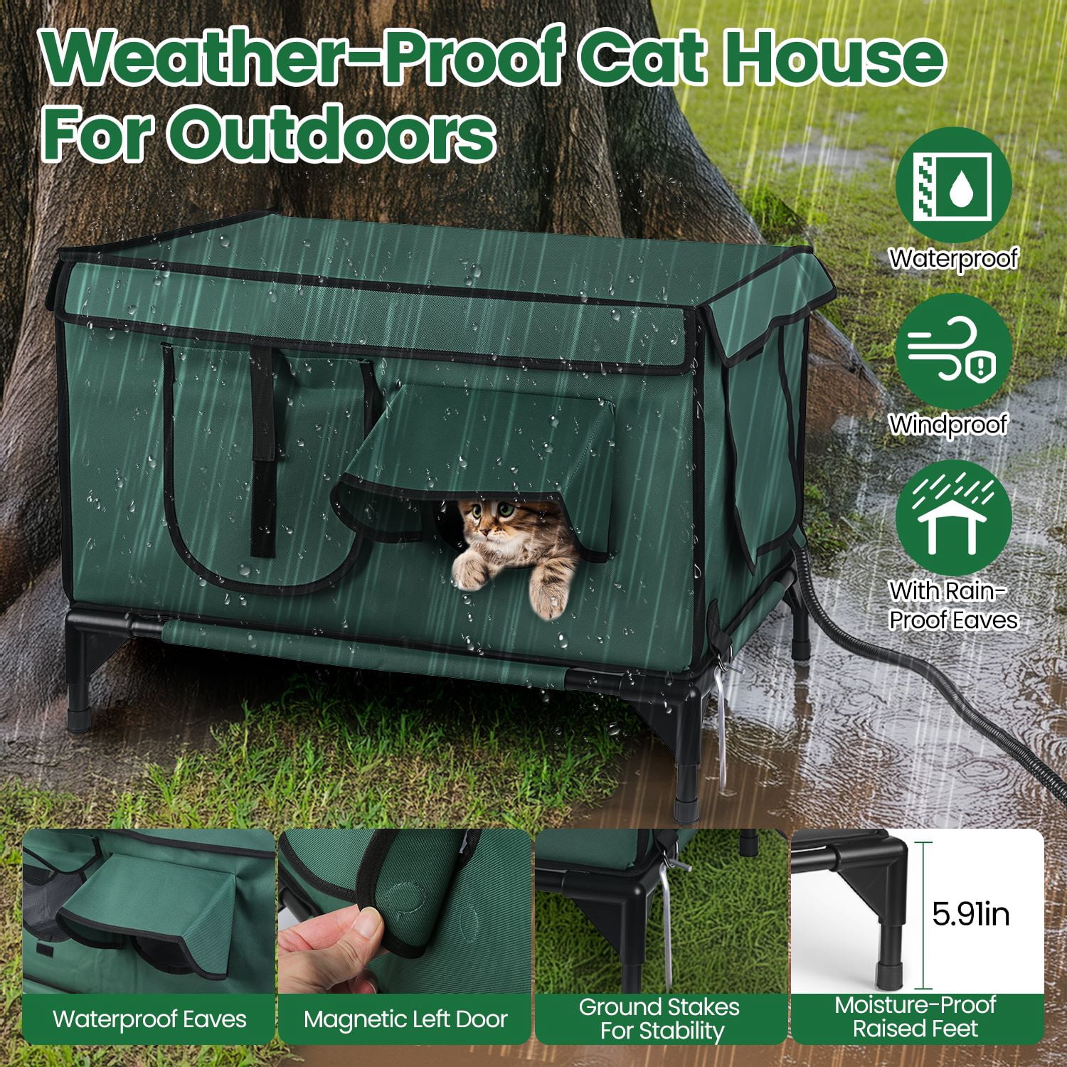 Waterproof Heated Cat House Outdoor Weatherproof Insulated Kitty Shelter with Heating Pad Anti-Chew Cord 2 Doors 3 Windows for Indoors Outdoors Winter Summer