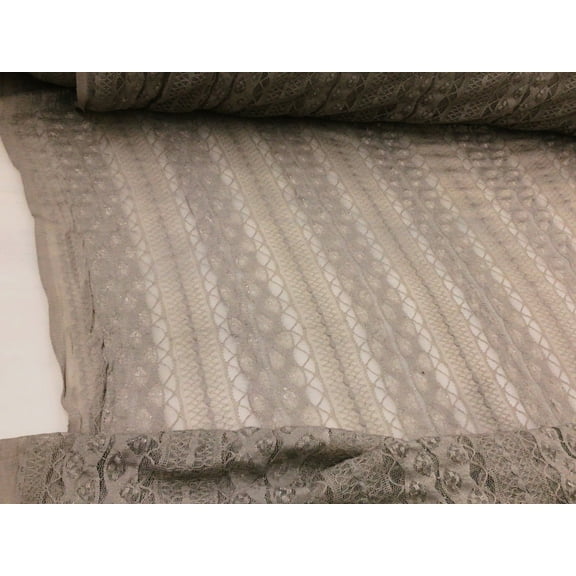 Embroidered Stretch Lace Apparel Fabric Sheer Taupe Brown Striped Abstract FF315